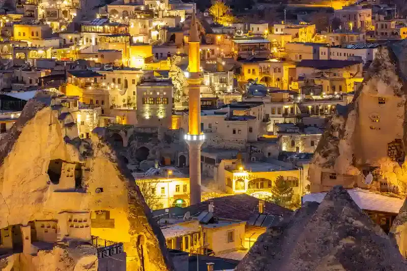 Vista notturna di Goreme, Cappadocia, Cappadocia turchia