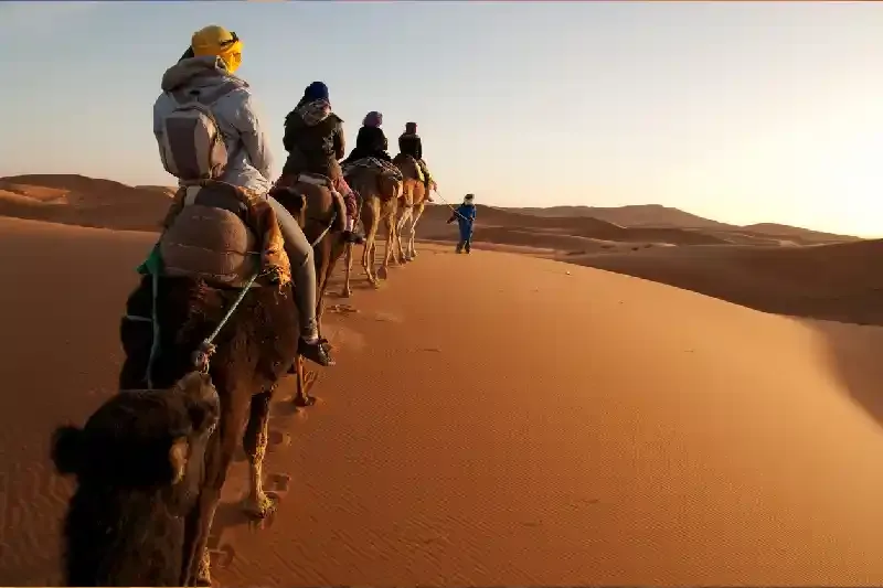 Turisti sul treno dei cammelli nel Sahara, deserto di Merzouga