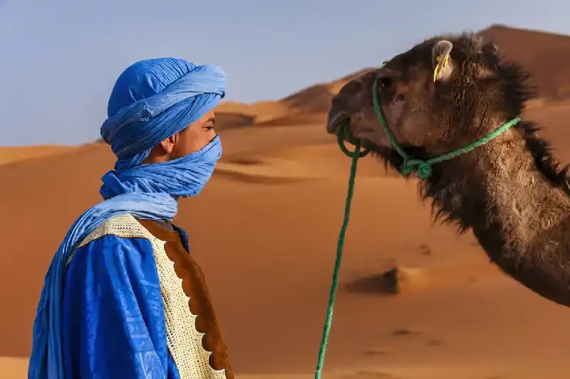 Giovane Tuareg con cammello nel deserto del Sahara Occidentale, Zagora Marocco