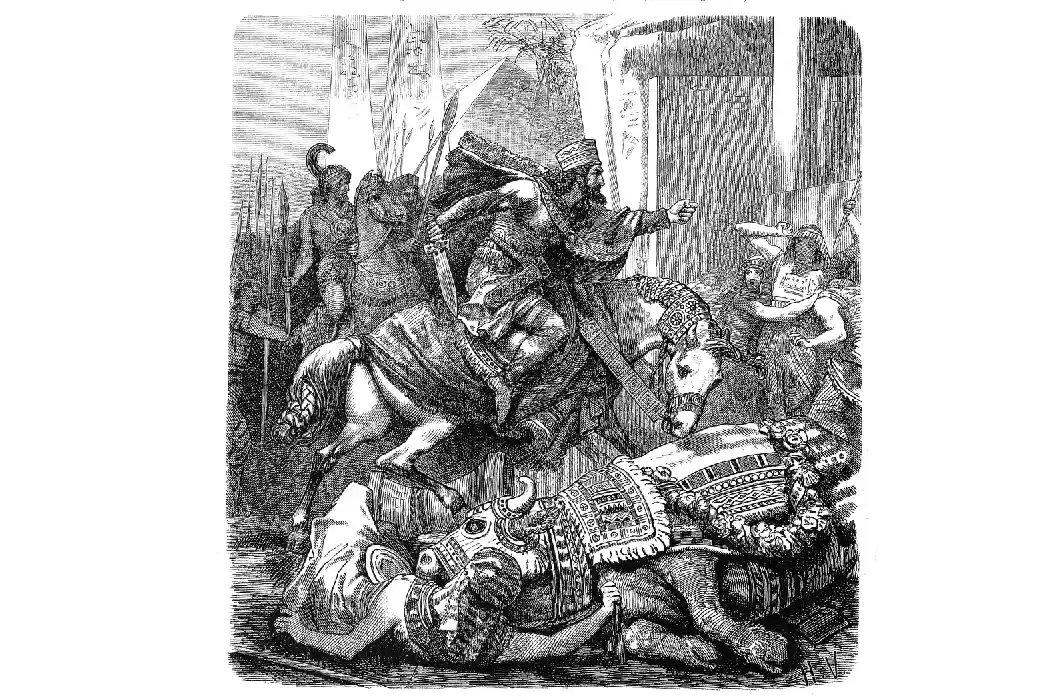 Escena épica de combate medieval con guerreros caídos y caballería