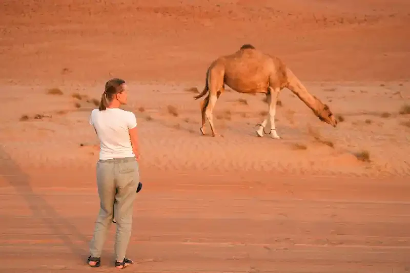 una turista nel deserto di Wahiba Sands, il deserto di Wahiba Sands