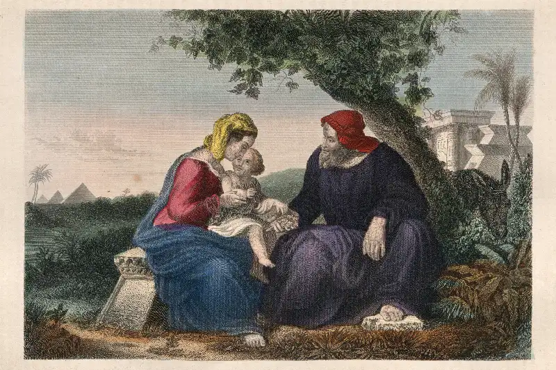 Grabado antiguo de José, María y el Niño Jesús, reposo en Egipto.