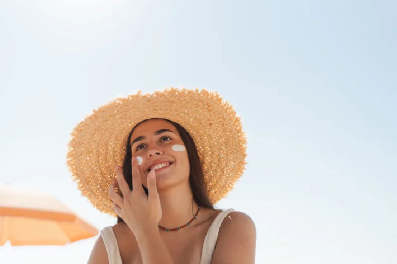Foto de una joven aplicándose protector solar en la playa
