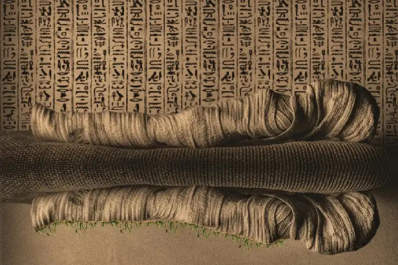 Fotografía conceptual de una momia del antiguo Egipto, parcialmente envuelta en vendajes antiguos, frente a misteriosas escrituras jeroglíficas que simbolizan la guía para el más allá.