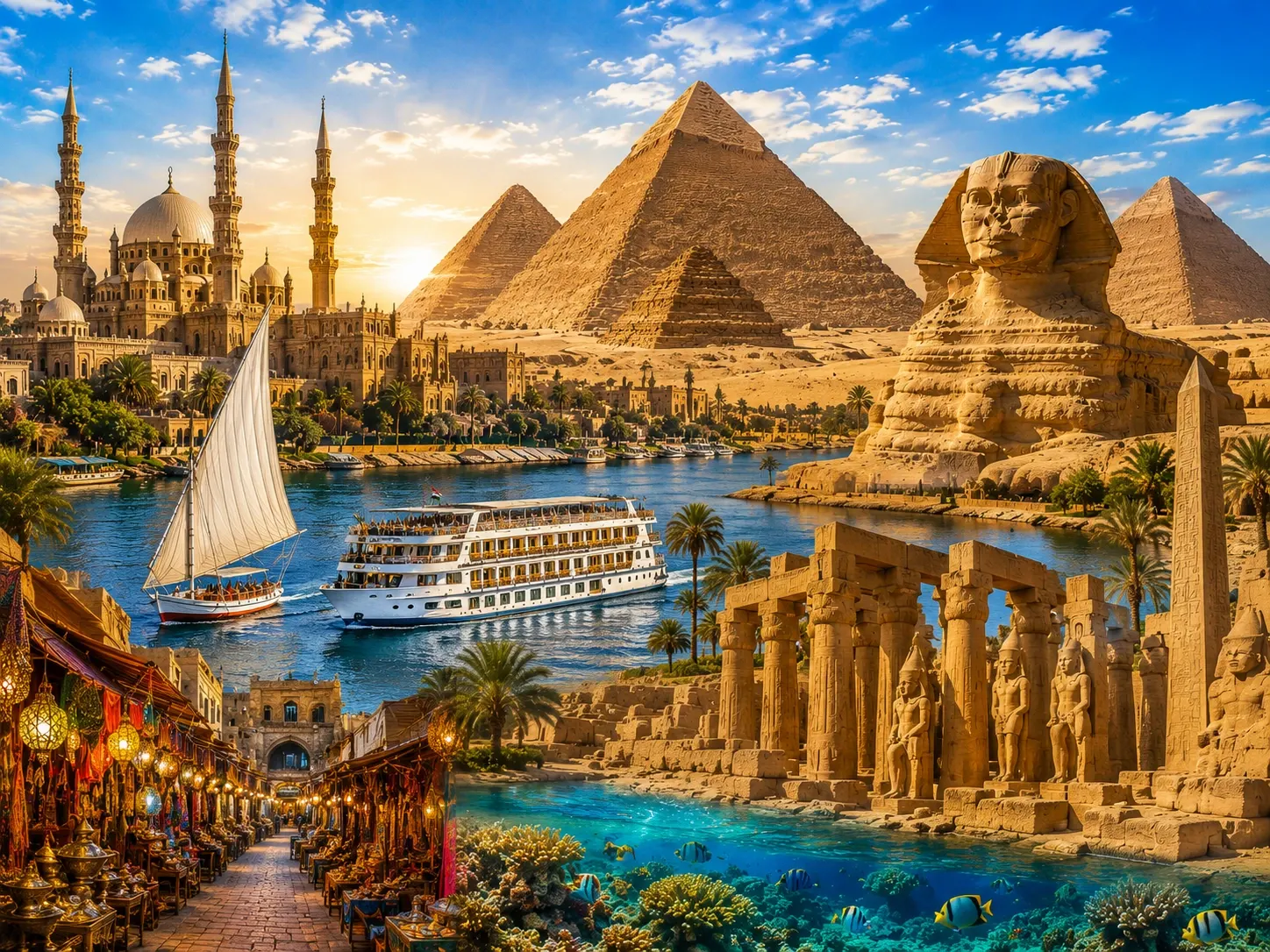Panorama colorato e dettagliato dell'Egitto con piramidi, Sfinge, Nilo, mercati e monumenti storici sotto il sole dorato.