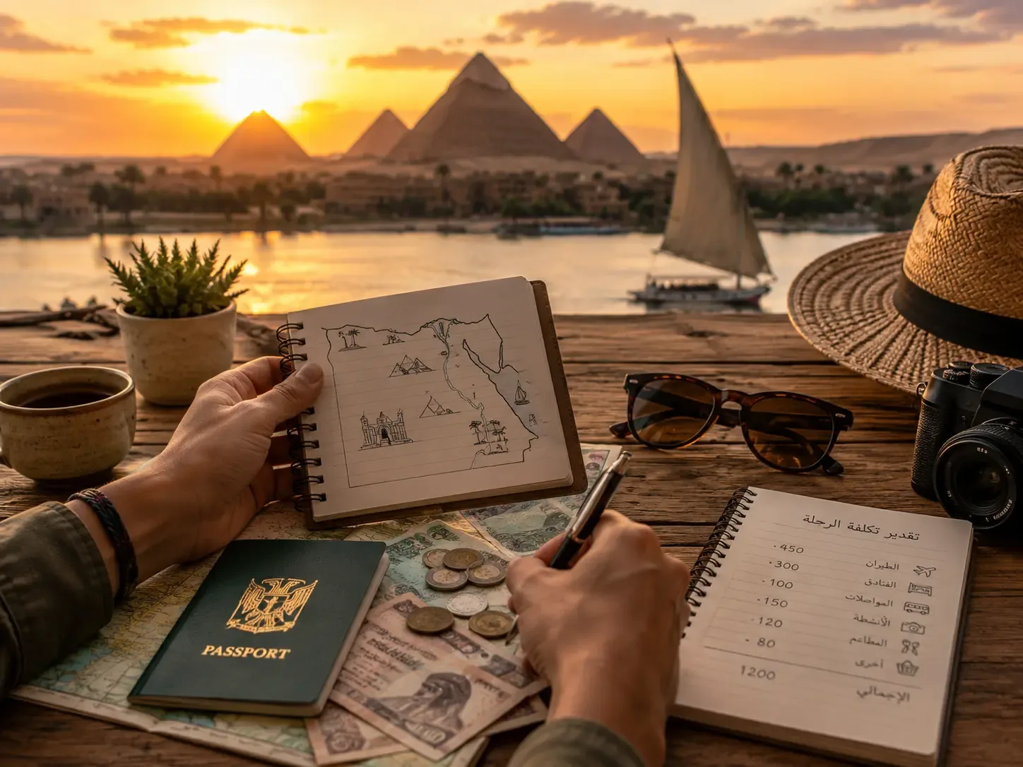 un viaggioatore che pianifica il suo itinerario di fronte alle Grandi Piramidi di Giza durante il tamonto.