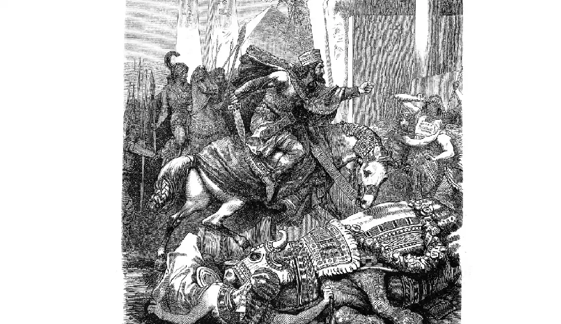 Escena épica de combate medieval con guerreros caídos y caballería