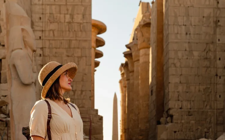 turista in visita al tempio, visto per l'egitto