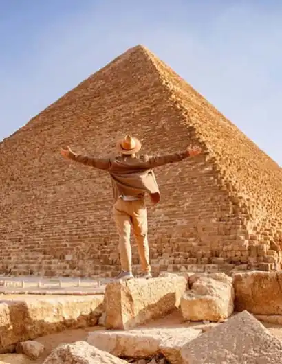 piramidi egiziane, un uomo davanti la piramidi di cheope