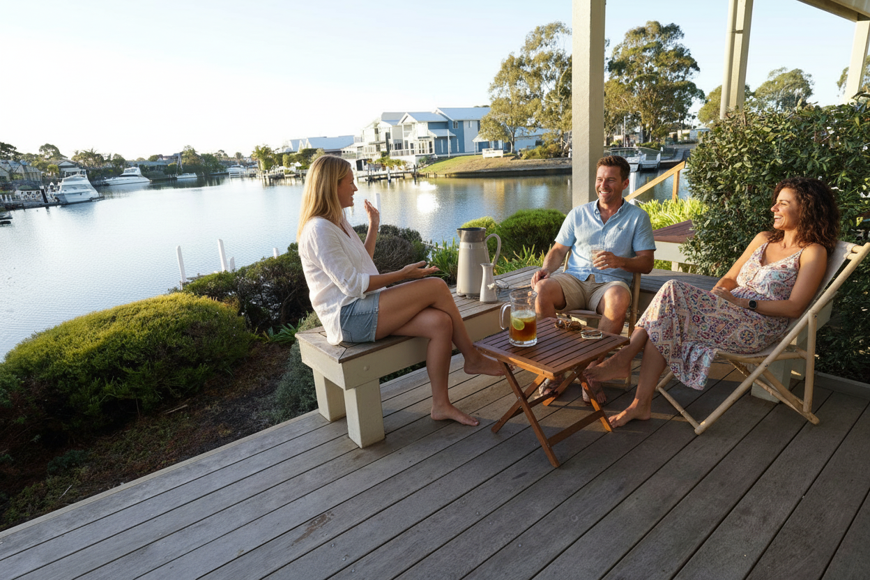 Interior view of a luxury apartment living area overlooking the water at Captains Cove.
