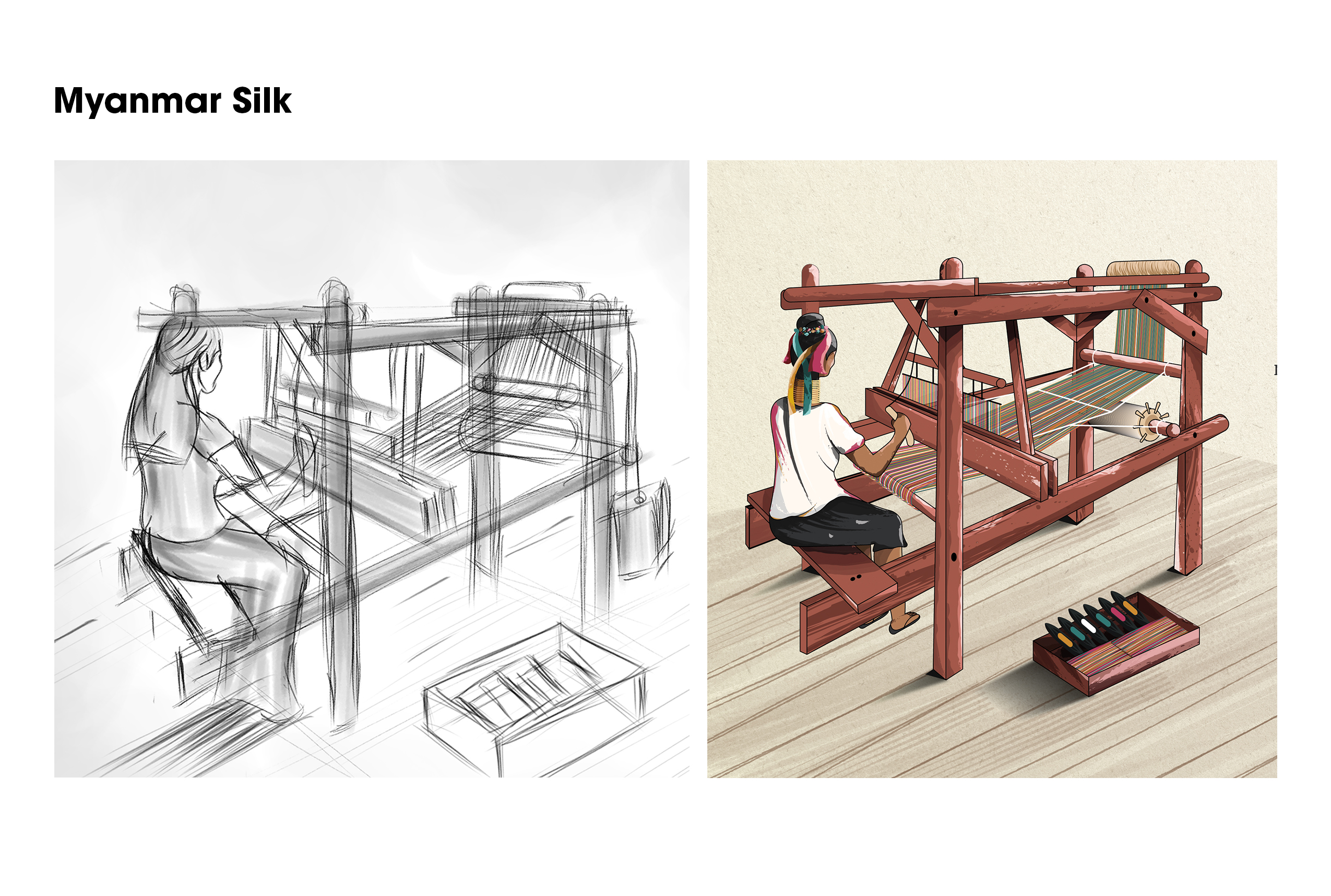Myanmar Silk Weaving Sketch to Final Vector Illustration - Traditional Textile Art by ART de ONE