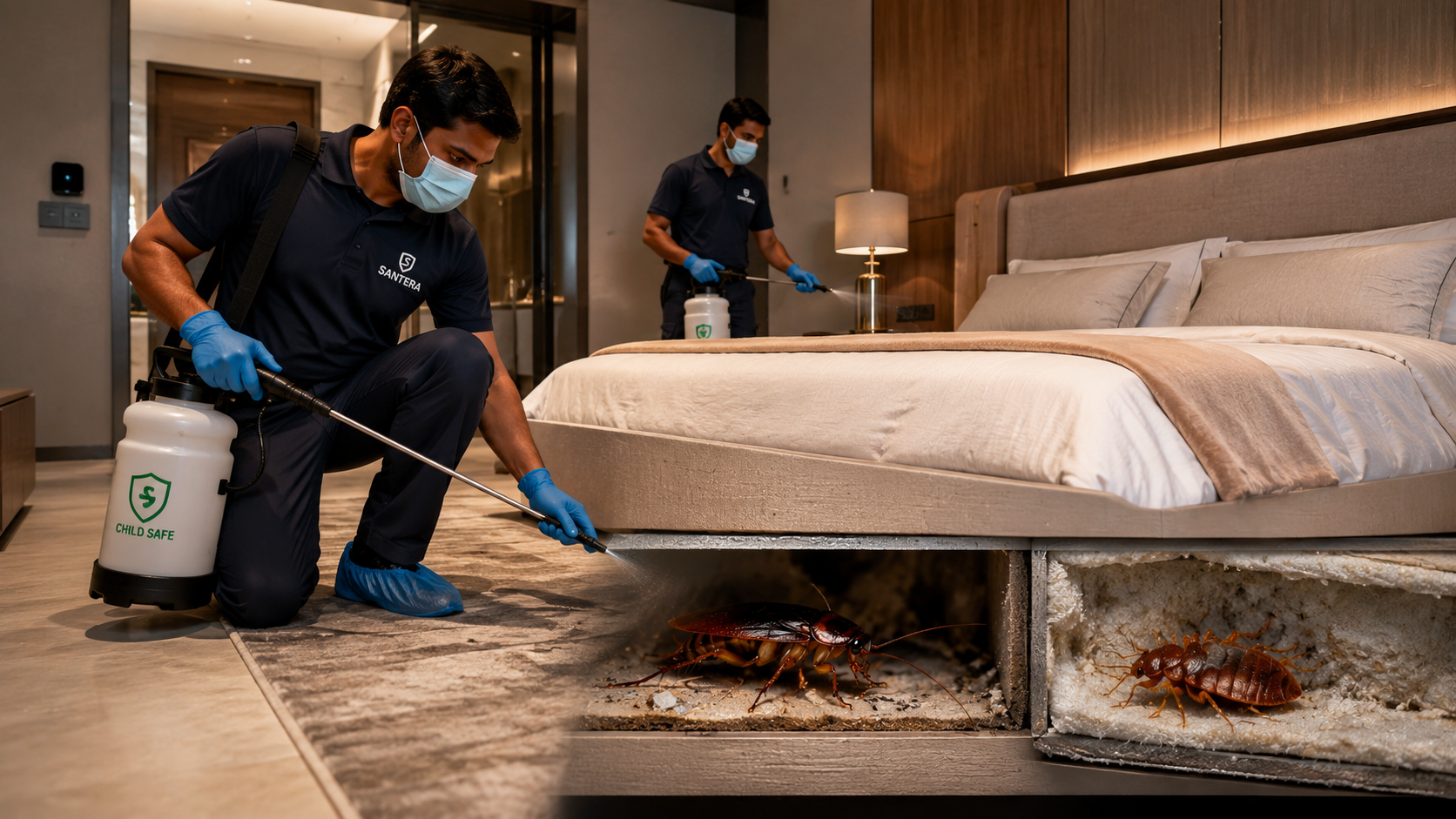Santera pest control technicians treating Dubai villa bedroom