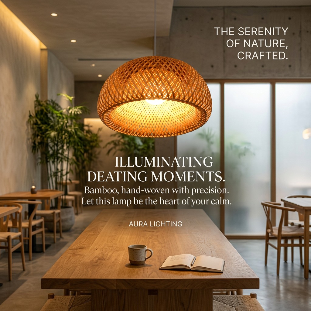 Classic Bamboo Weave Pendant — hanging over a dining table