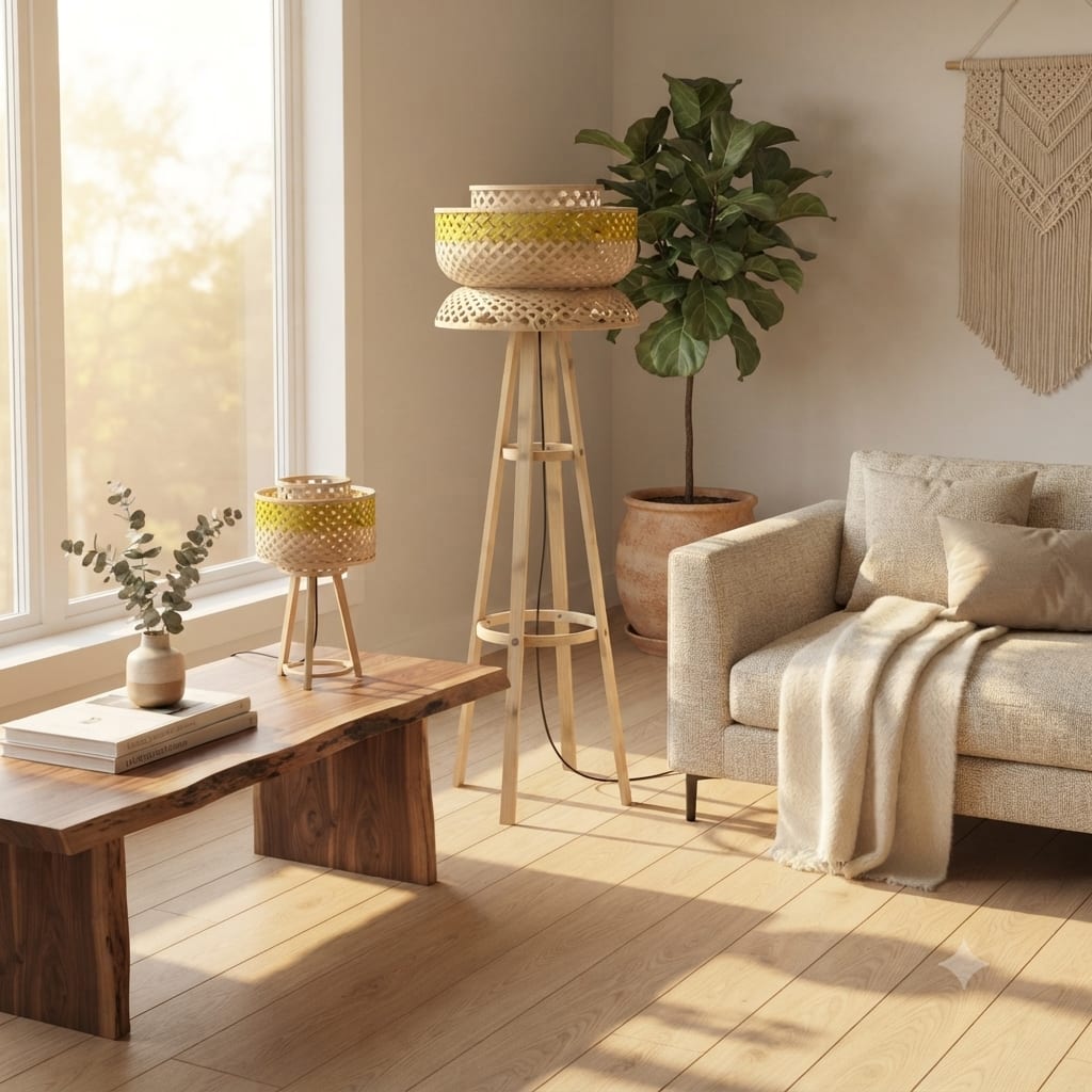 Handwoven Bamboo Floor Lamp — styled beside a sofa in a boho living room thumbnail 3