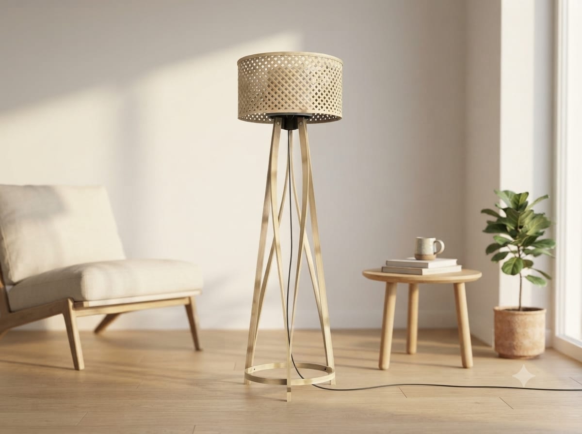 Natural Bamboo Standing Floor Lamp — front view showing handwoven bamboo weave
