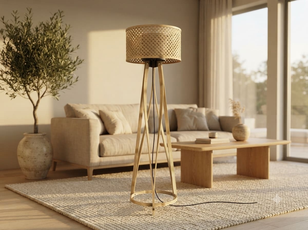 Natural Bamboo Standing Floor Lamp — styled beside a sofa in a boho living room thumbnail 2