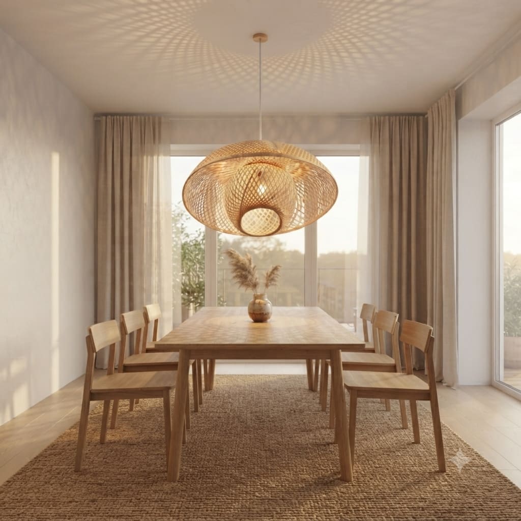 Handwoven Bamboo Pendant Light — hanging over a dining table