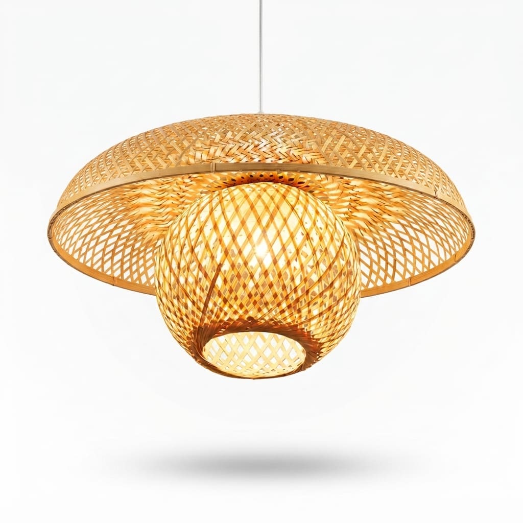 Handwoven Bamboo Pendant Light — close-up of the handwoven bamboo weave thumbnail 2