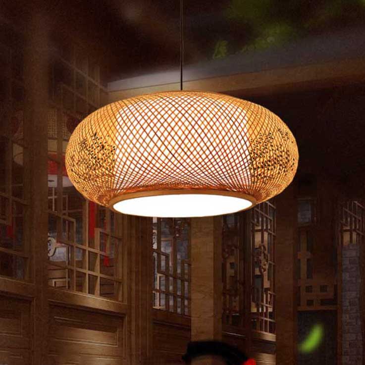 Welty Rustic Bamboo Rattan Lantern Pendant — styled in a café interior thumbnail 3