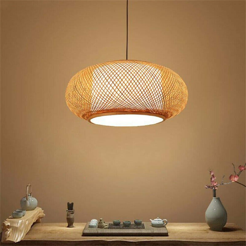 Welty Rustic Bamboo Rattan Lantern Pendant — close-up of the handwoven bamboo weave thumbnail 2