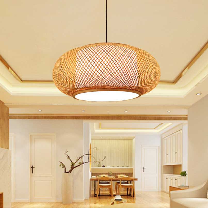 Welty Rustic Bamboo Rattan Lantern Pendant — side profile showing the rattan cage shade thumbnail 6