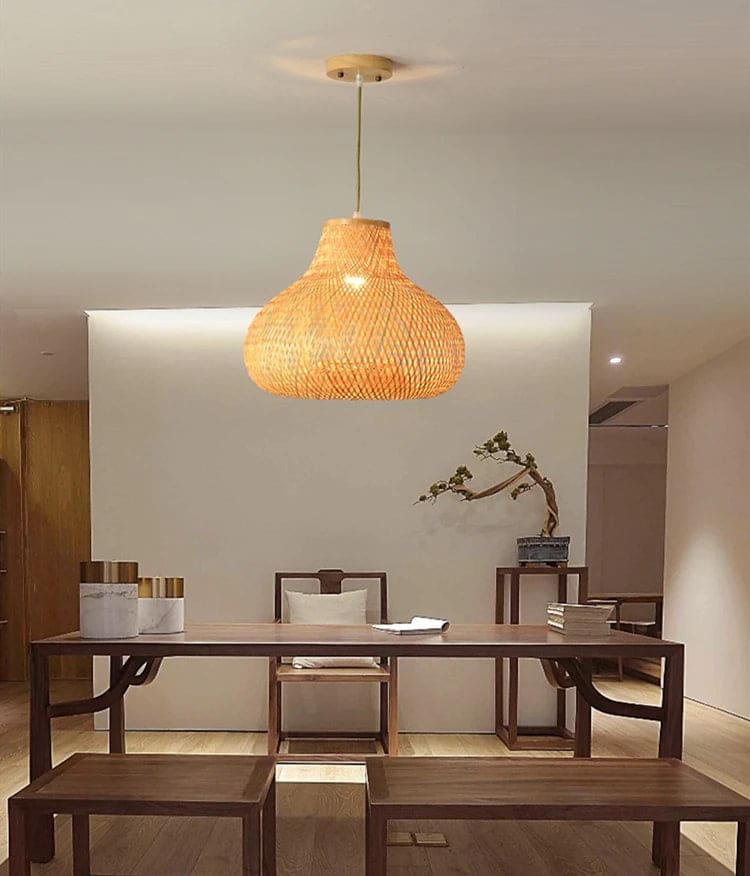 Handcrafted Bamboo Cage Pendant Light — close-up of the handwoven bamboo weave thumbnail 2