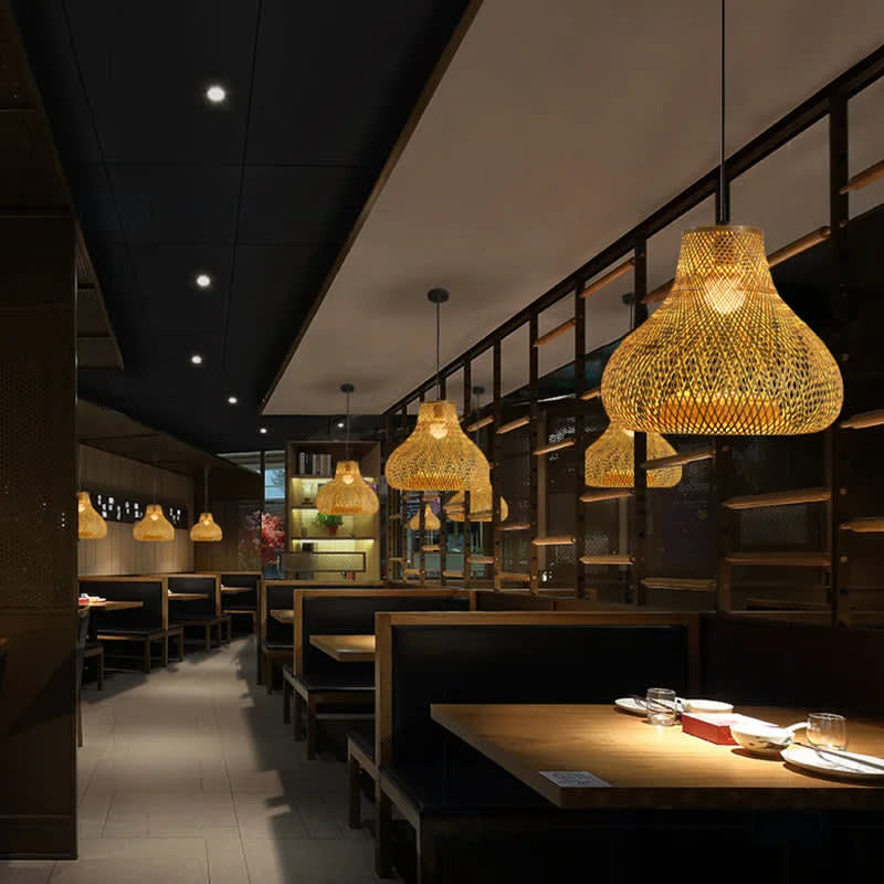 Handcrafted Bamboo Cage Pendant Light — warm ambient glow at dusk thumbnail 4