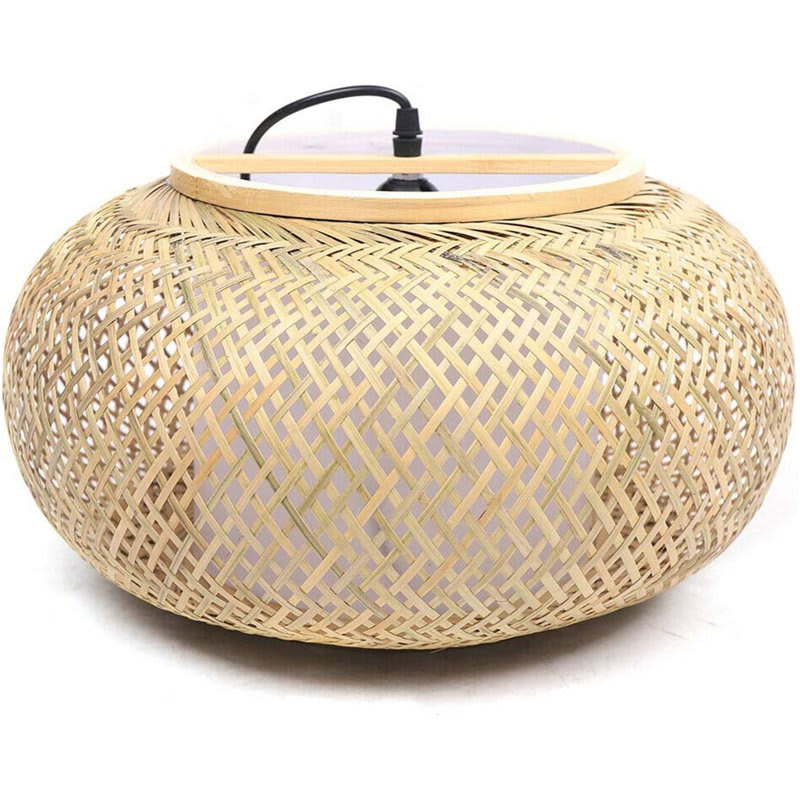 Rustic Bamboo Lantern Pendant Cage — hanging over a dining table