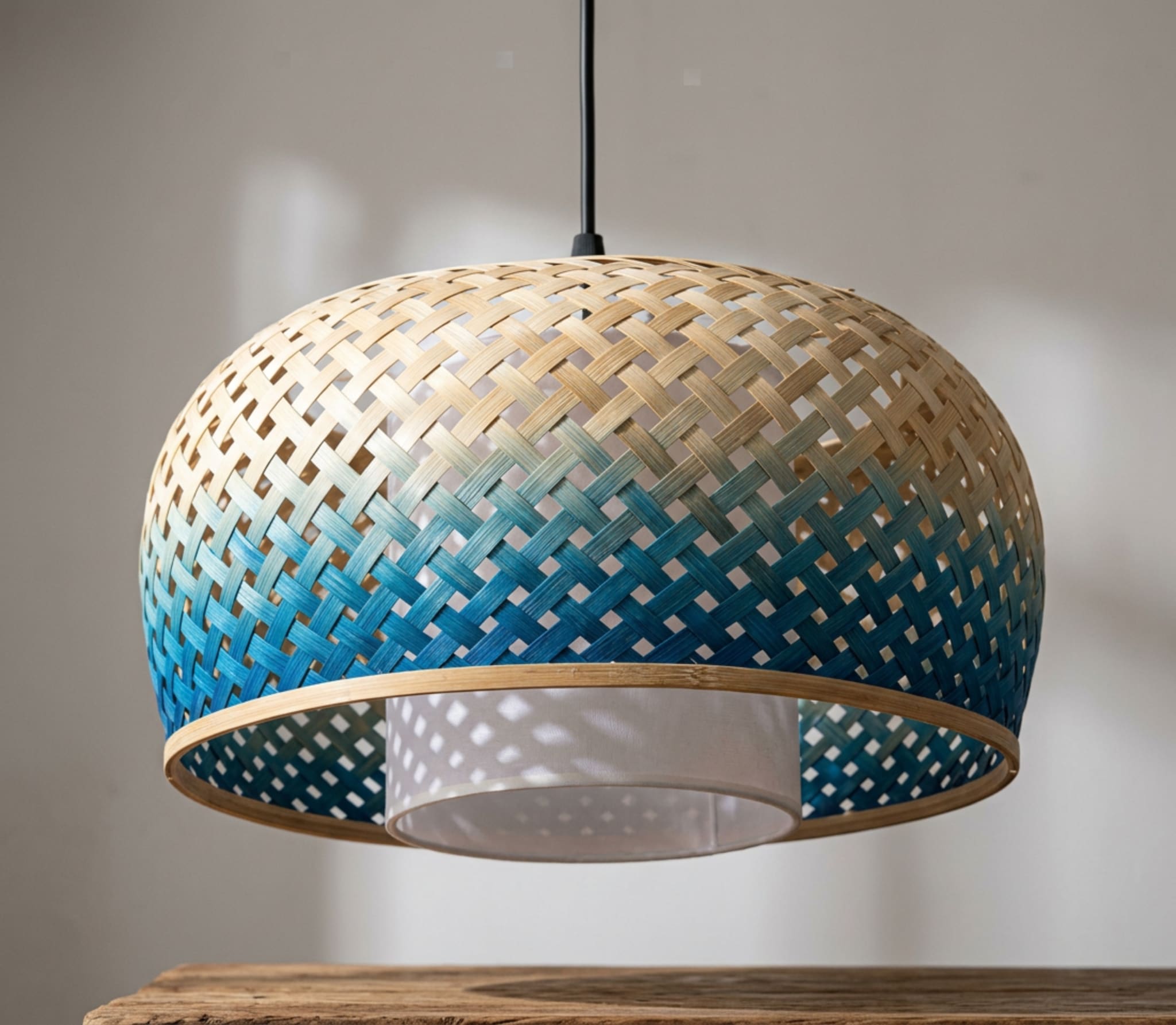 Tulip Bamboo Pendant Light — hanging over a dining table thumbnail 5