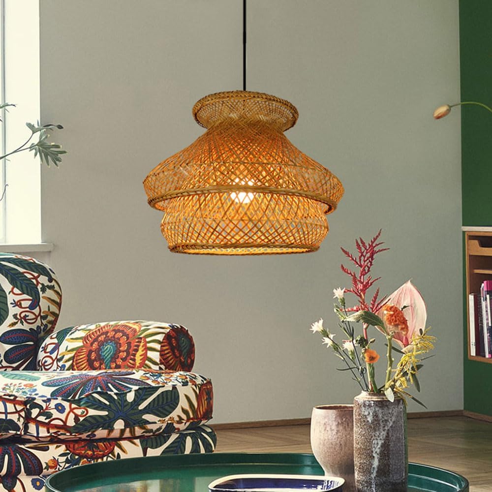 Handwoven Bamboo Outdoor Pendant — hanging over a dining table