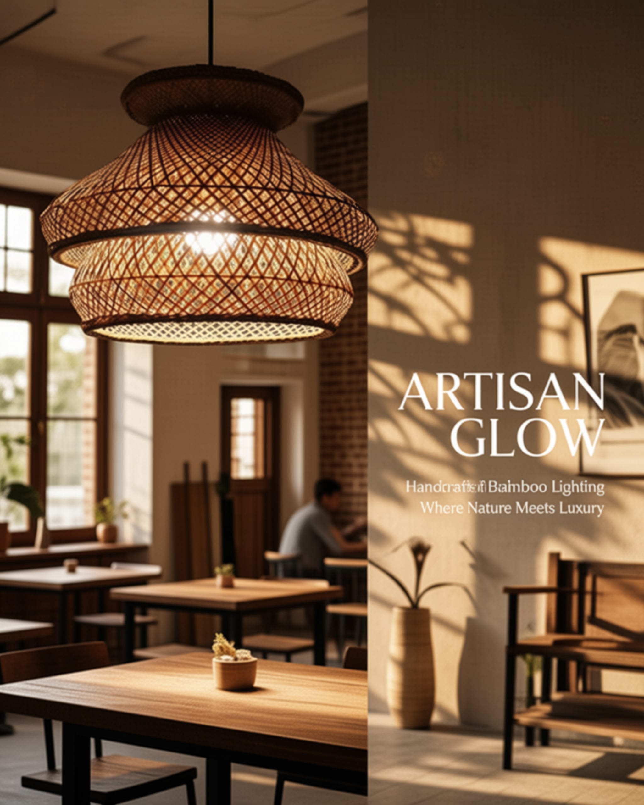 Handwoven Bamboo Outdoor Pendant — installed in a restaurant setting thumbnail 14