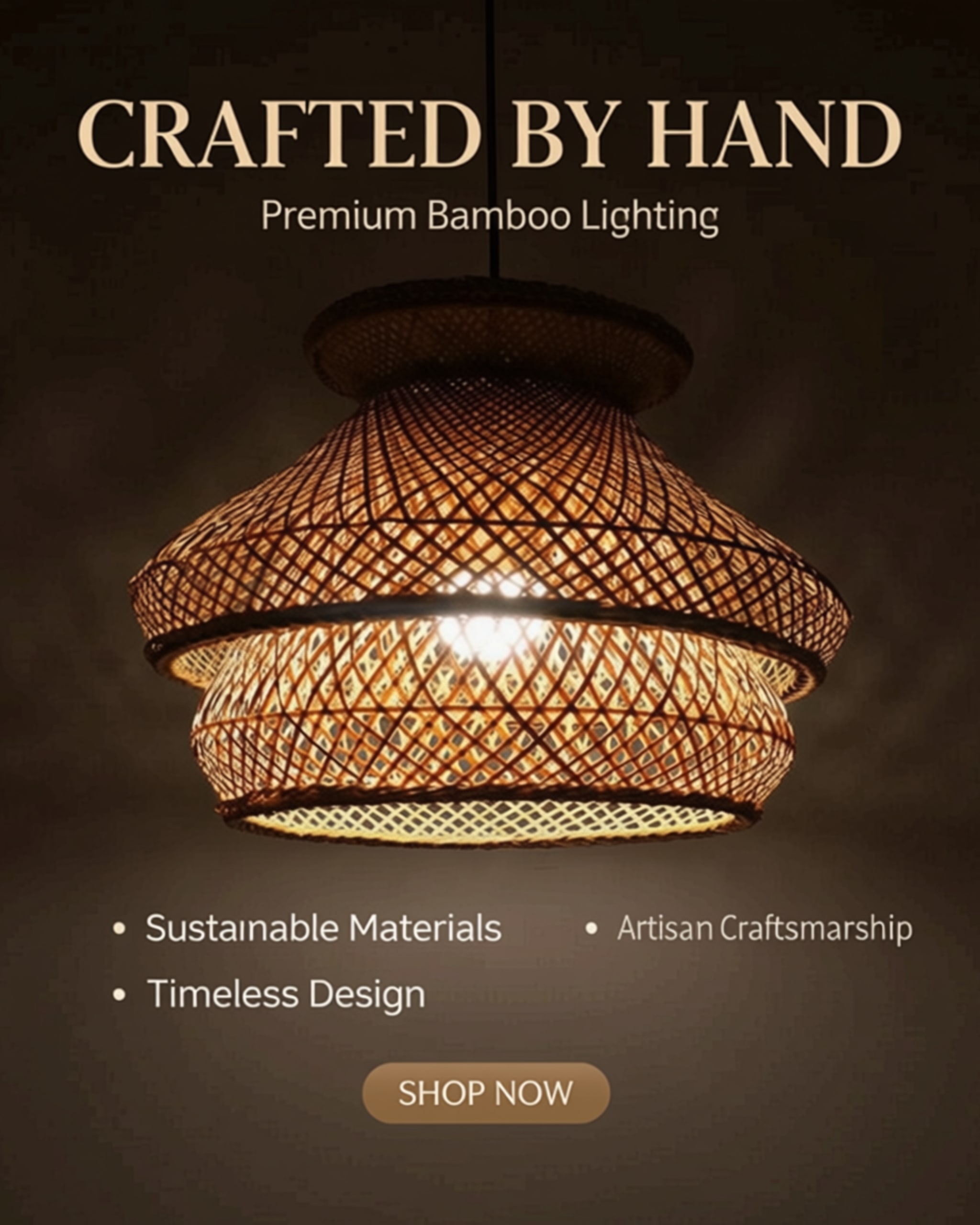 Handwoven Bamboo Outdoor Pendant — lit view showing diffused warm light thumbnail 15