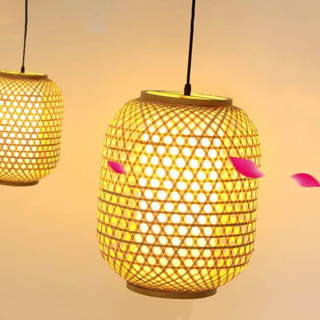 Handwoven Bamboo Bell Pendant — warm ambient glow at dusk thumbnail 4