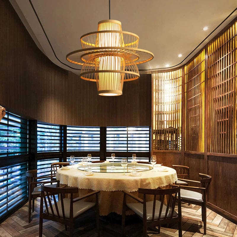 Handmade Bamboo Pendant Lamp — strung across a balcony for warm ambient light