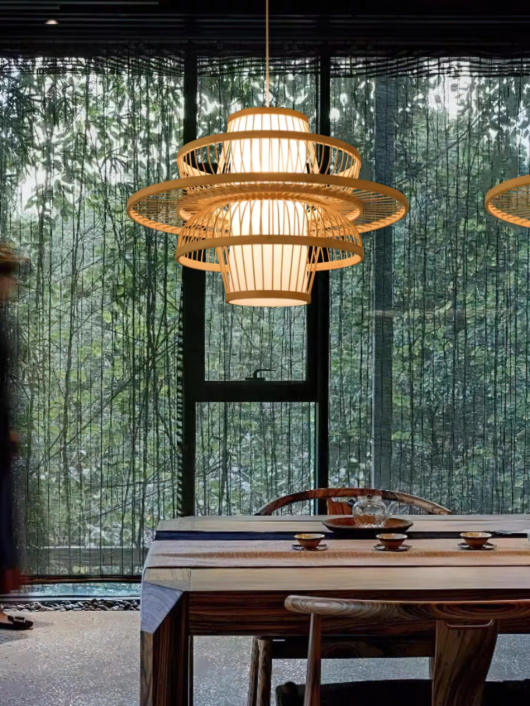 Handmade Bamboo Pendant Lamp — warm glow lit up at night thumbnail 7
