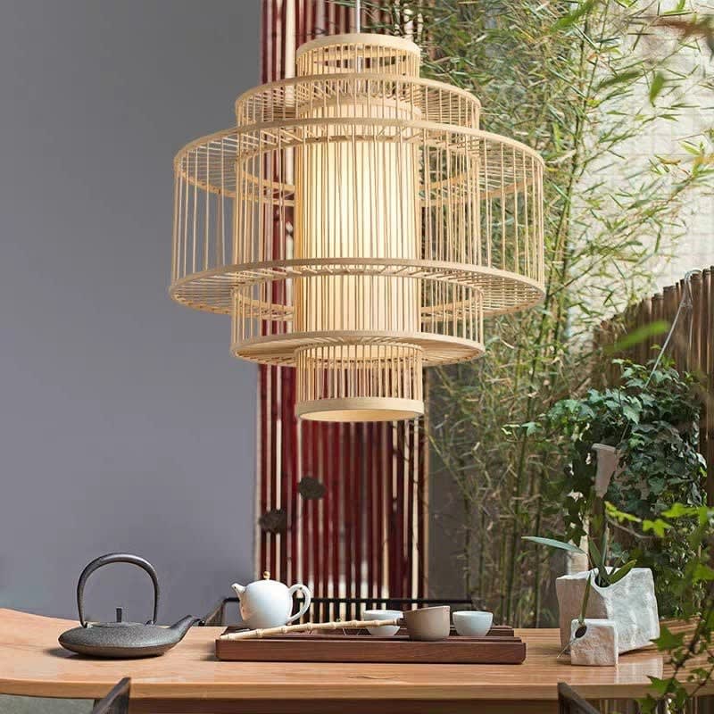 Bamboo Weave Hanging Light — strung across a balcony for warm ambient light