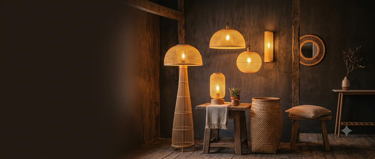 Handcrafted bamboo pendant lights in modern Indian living room