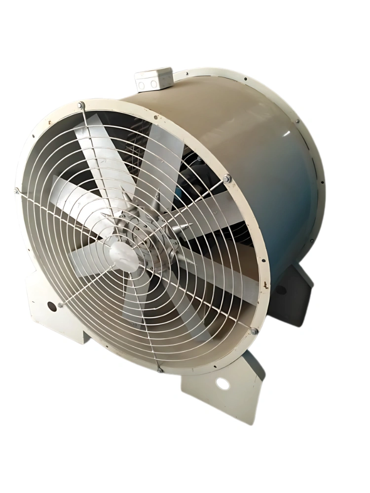 Axial flow industrial fan with metal blades and protective front grille