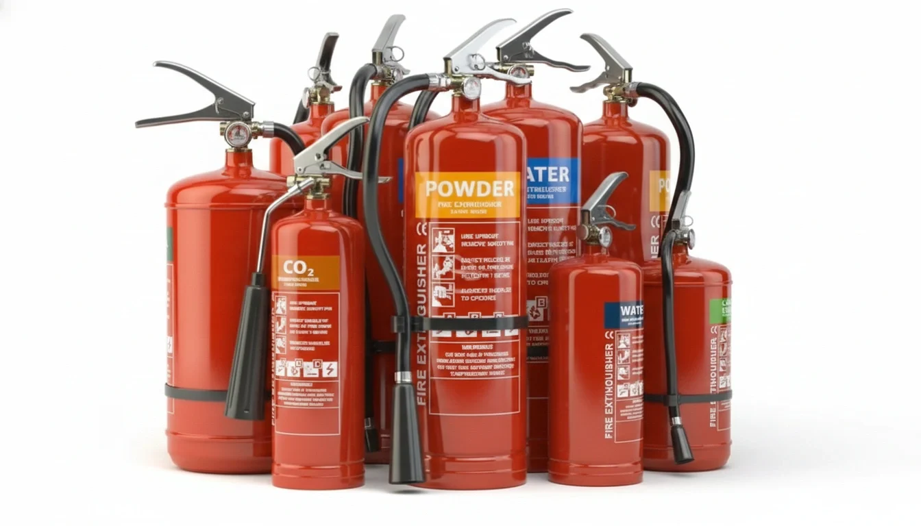 Different types of fire extinguishers including water, powder, foam, CO₂, and wet chemical extinguishers displayed together for fire safety and emergency protection.