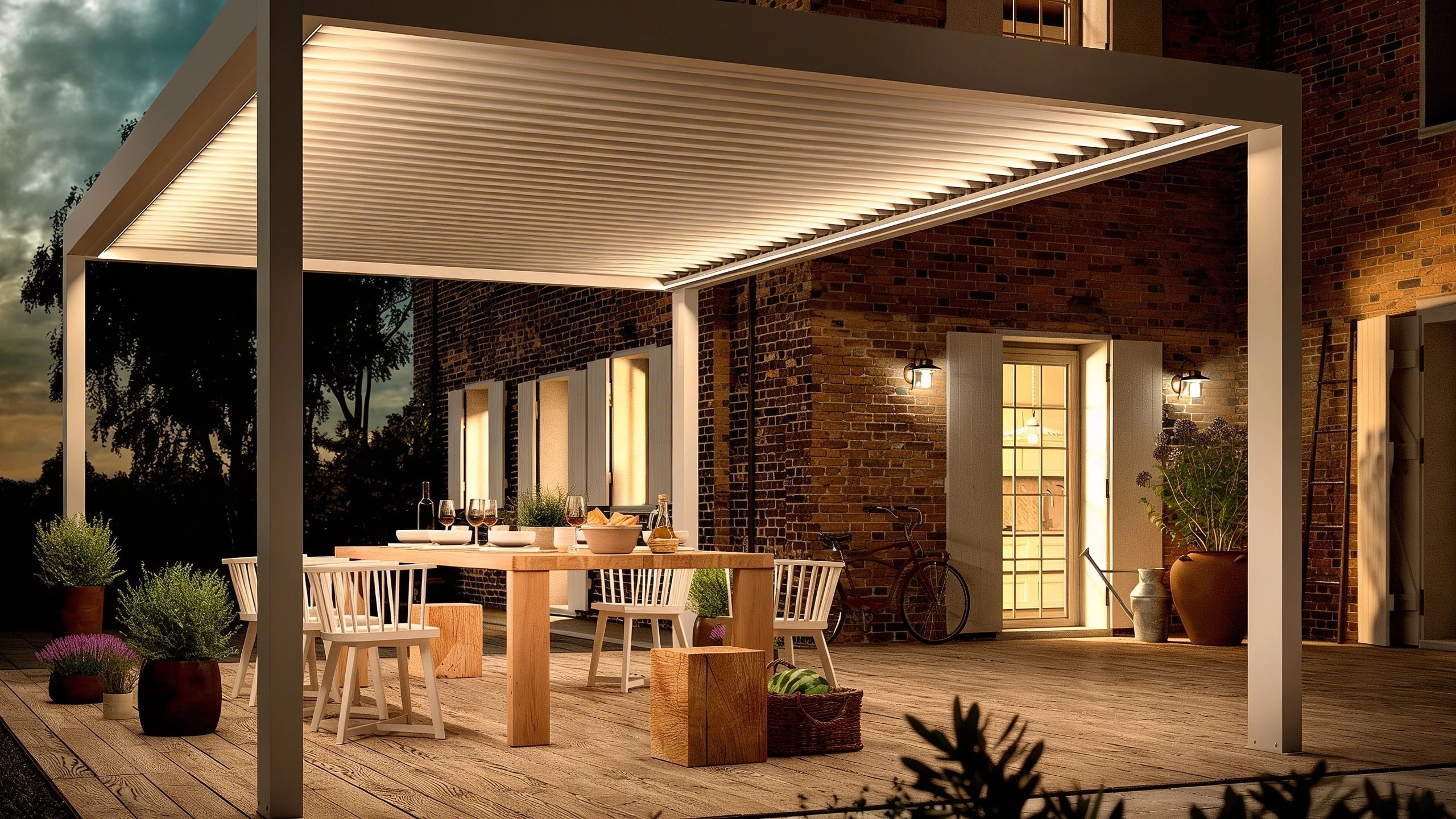 Bioklimatska pergola Skymatik z LED osvetlitvijo na terasi