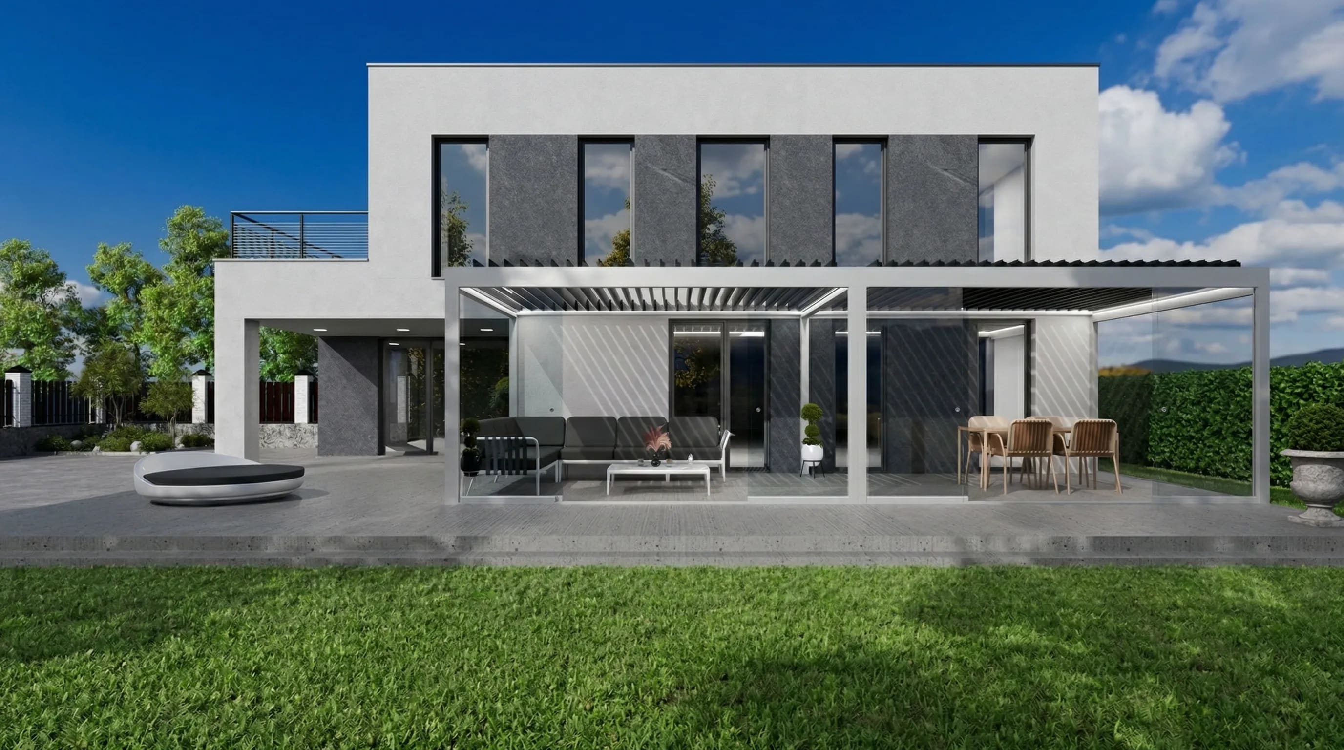 Premium bioklimatska pergola Sun Winner S500 (Solimat) z ekstremnimi razponi na moderni terasi
