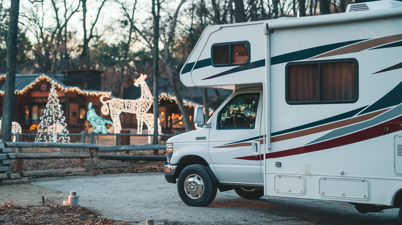 RV parked at Birmingham campground with Zoo Light Safari Christmas display visible in background