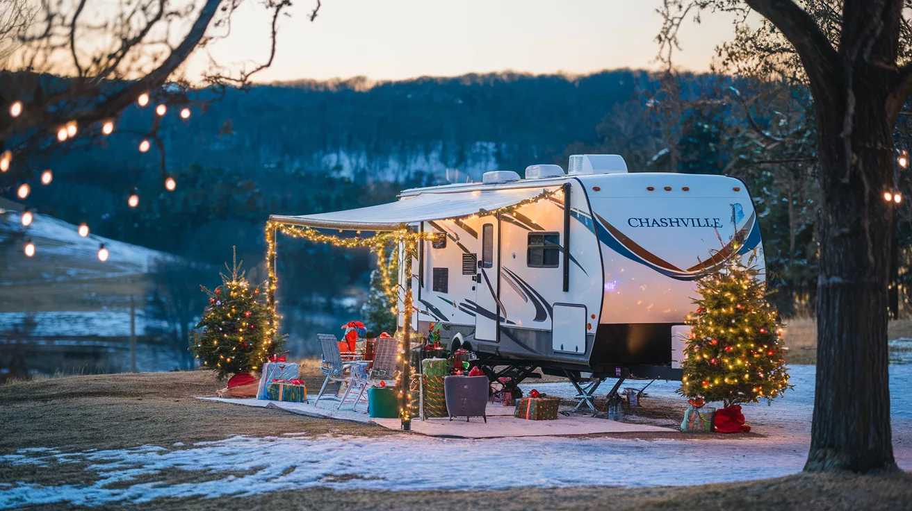 RV campsite decorated with Christmas lights overlooking winter landscape near Nashville during holiday season