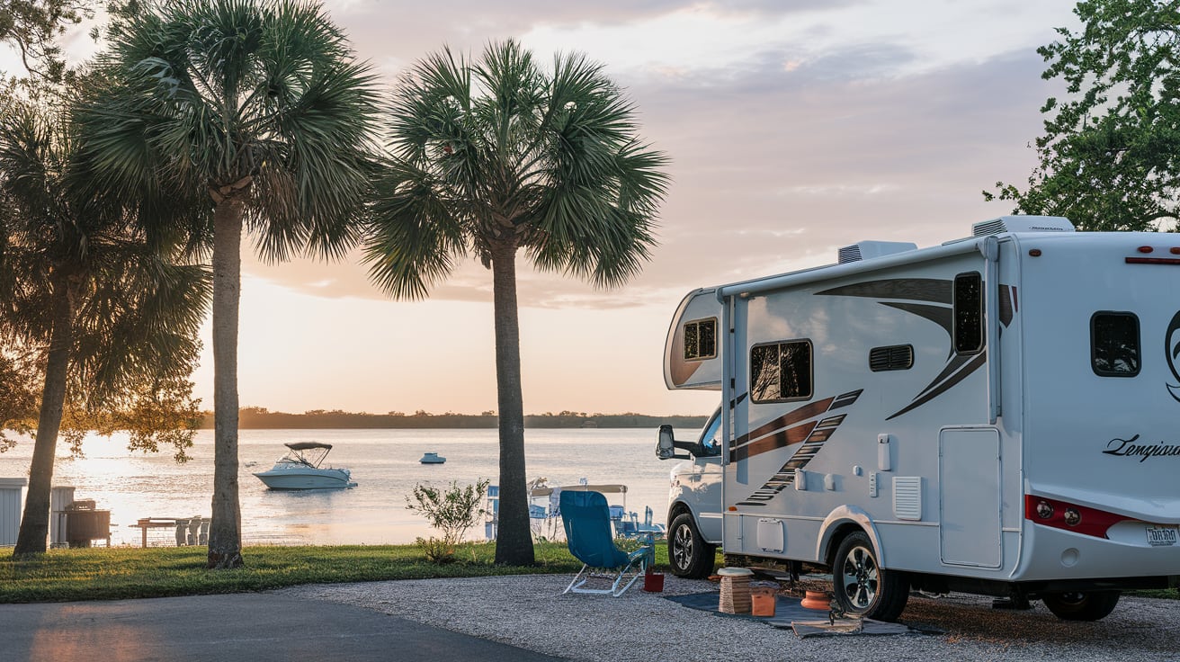 RV parked at scenic lakefront campground near Longwood Florida with palm trees and sunset
