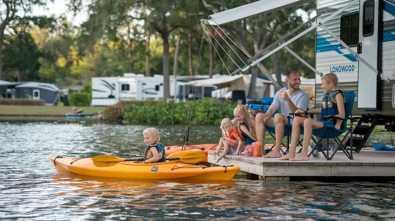 Family enjoying lakefront RV camping with kayaks and campfire at Florida state park