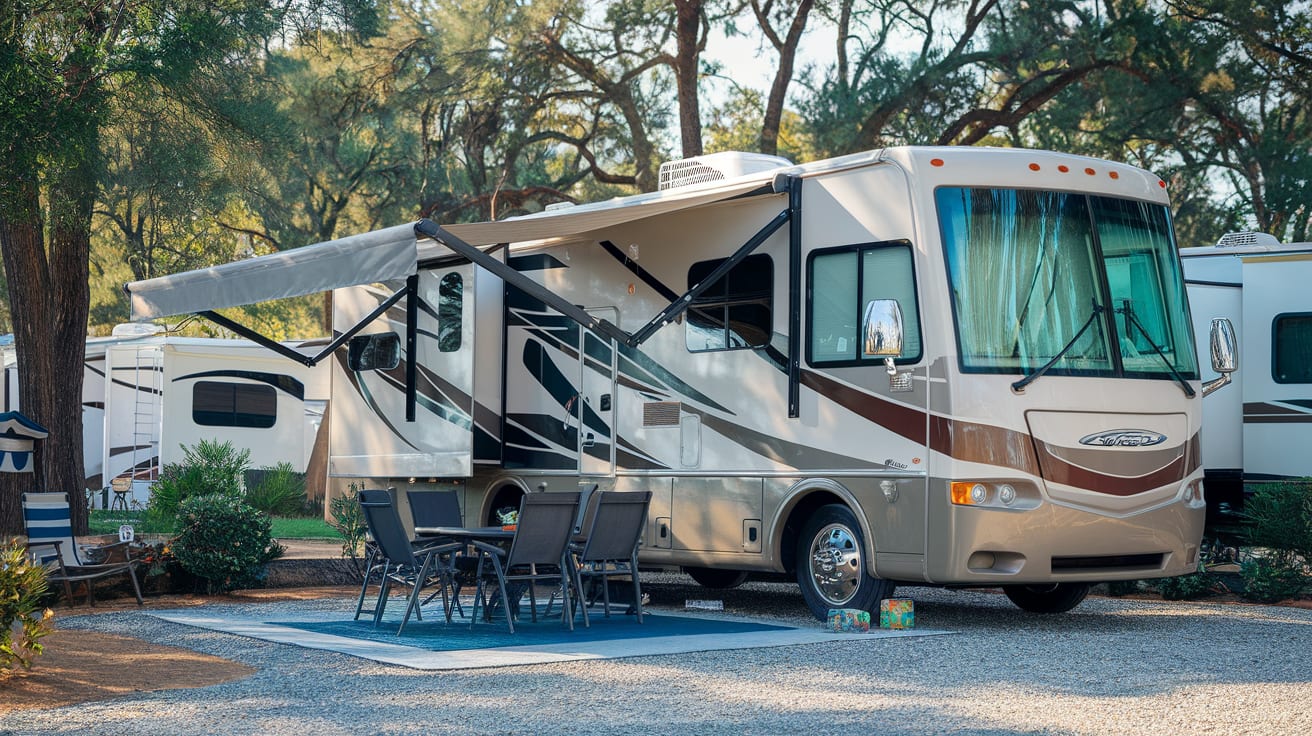Large RV setup at full-service campground with awning extended and outdoor furniture