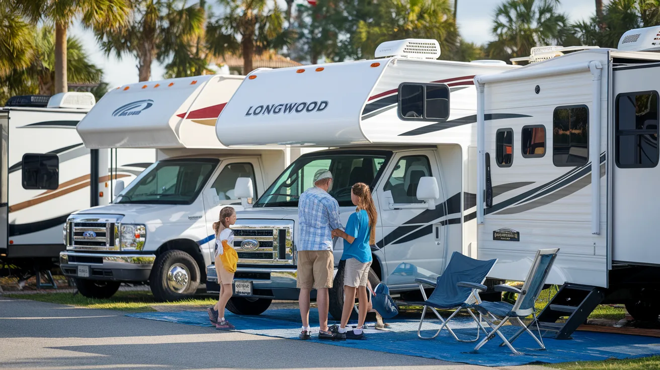 Family selecting from different RV types at a Longwood Florida rental lot with palm trees in background