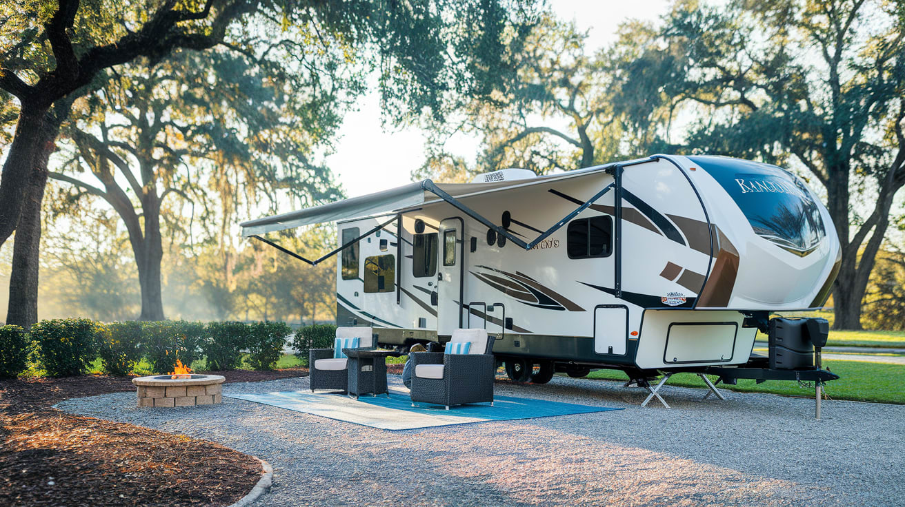 Large travel trailer set up at a spacious campsite near Orlando theme parks with awning extended