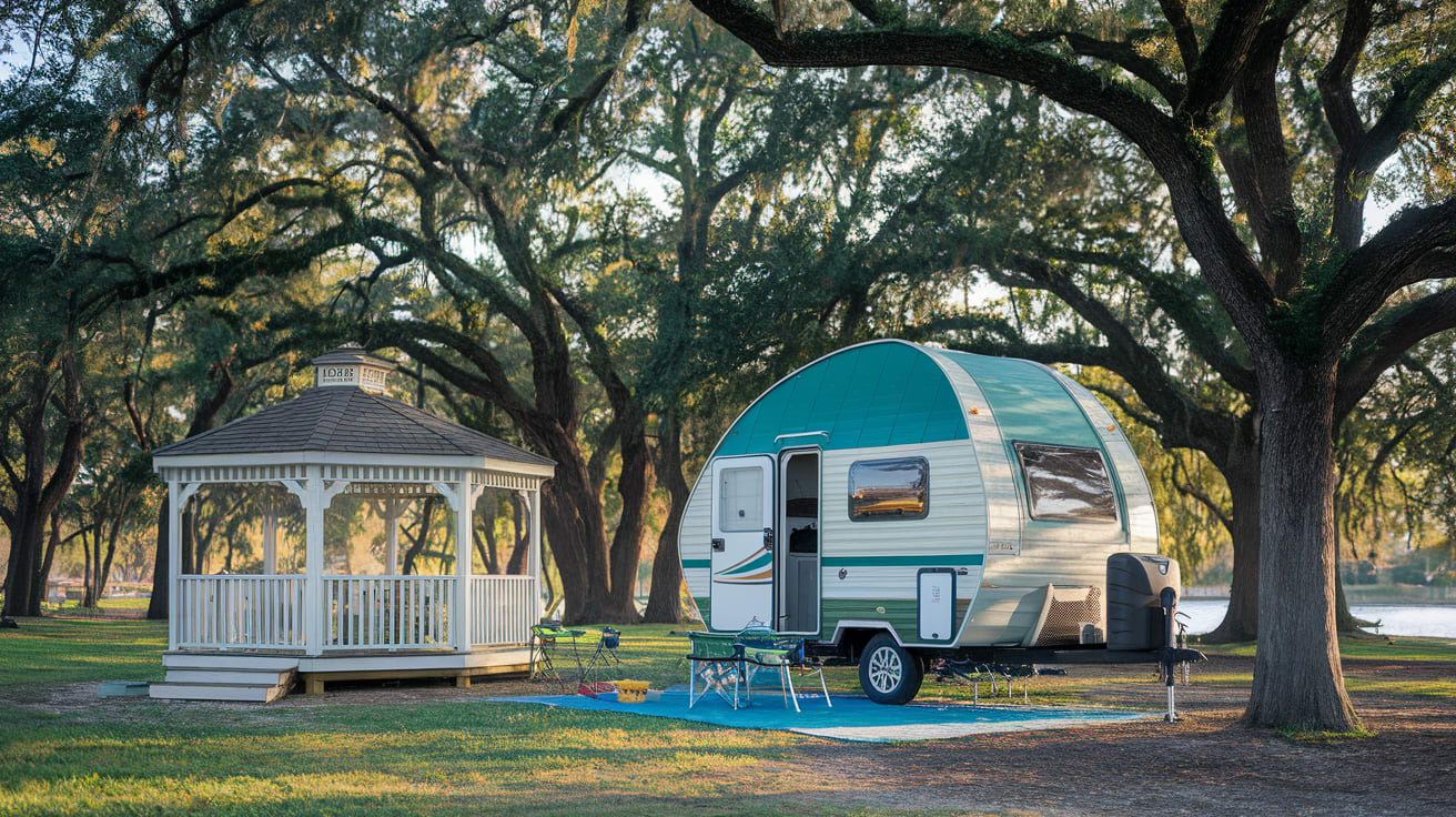 Cozy pop-up camper set up under oak trees at a Florida state park campsite