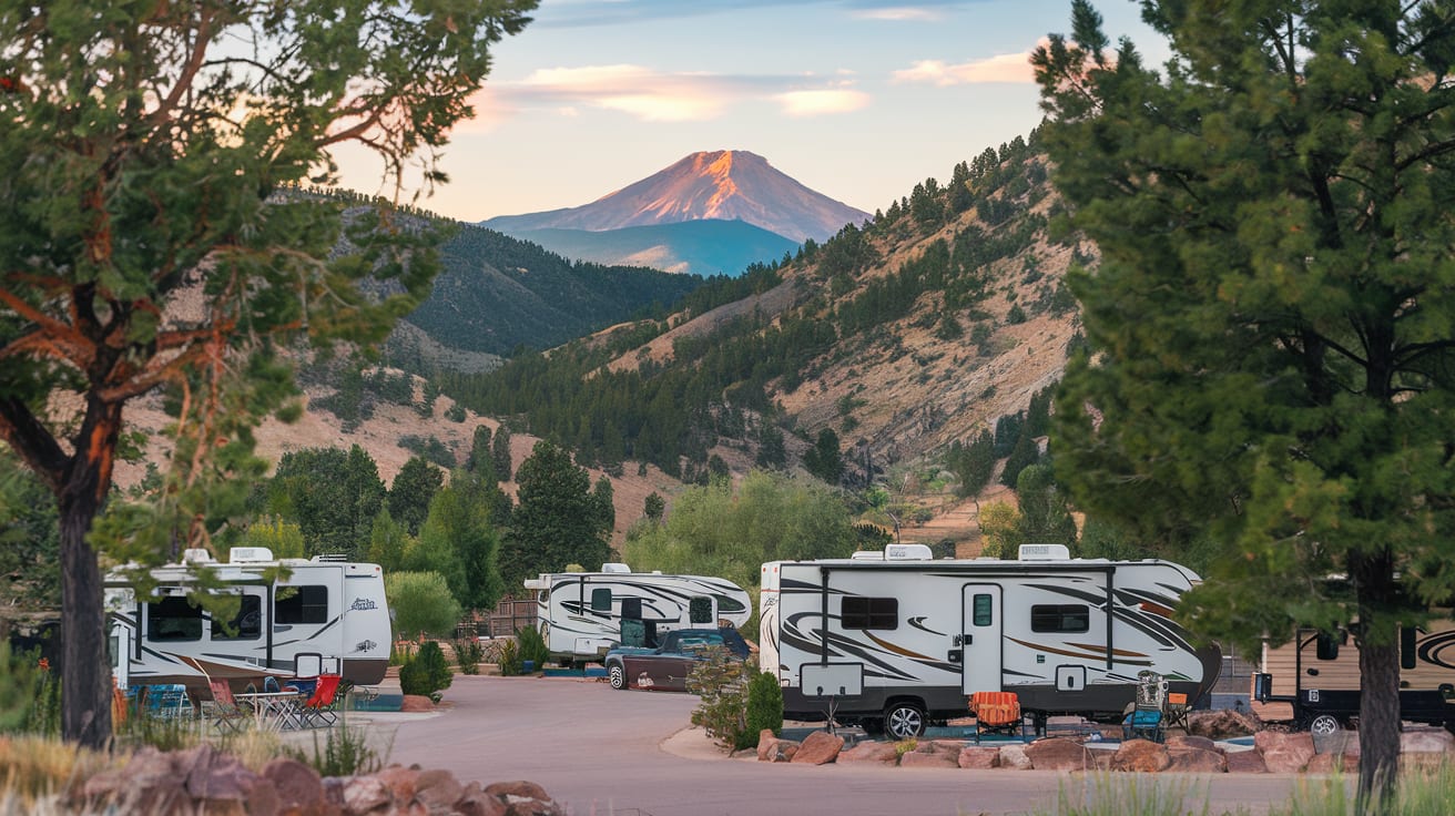Scenic RV campground nestled in Colorado mountains near Peyton with Pikes Peak visible in background